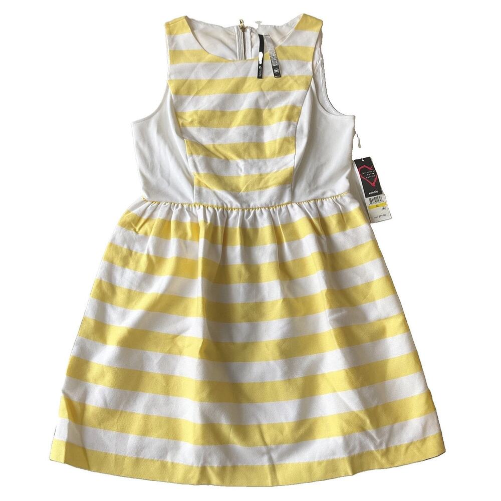 Kensie Women Dress M Yellow Nylon Polyester Striped Fit & Flare Sleeveless Lined